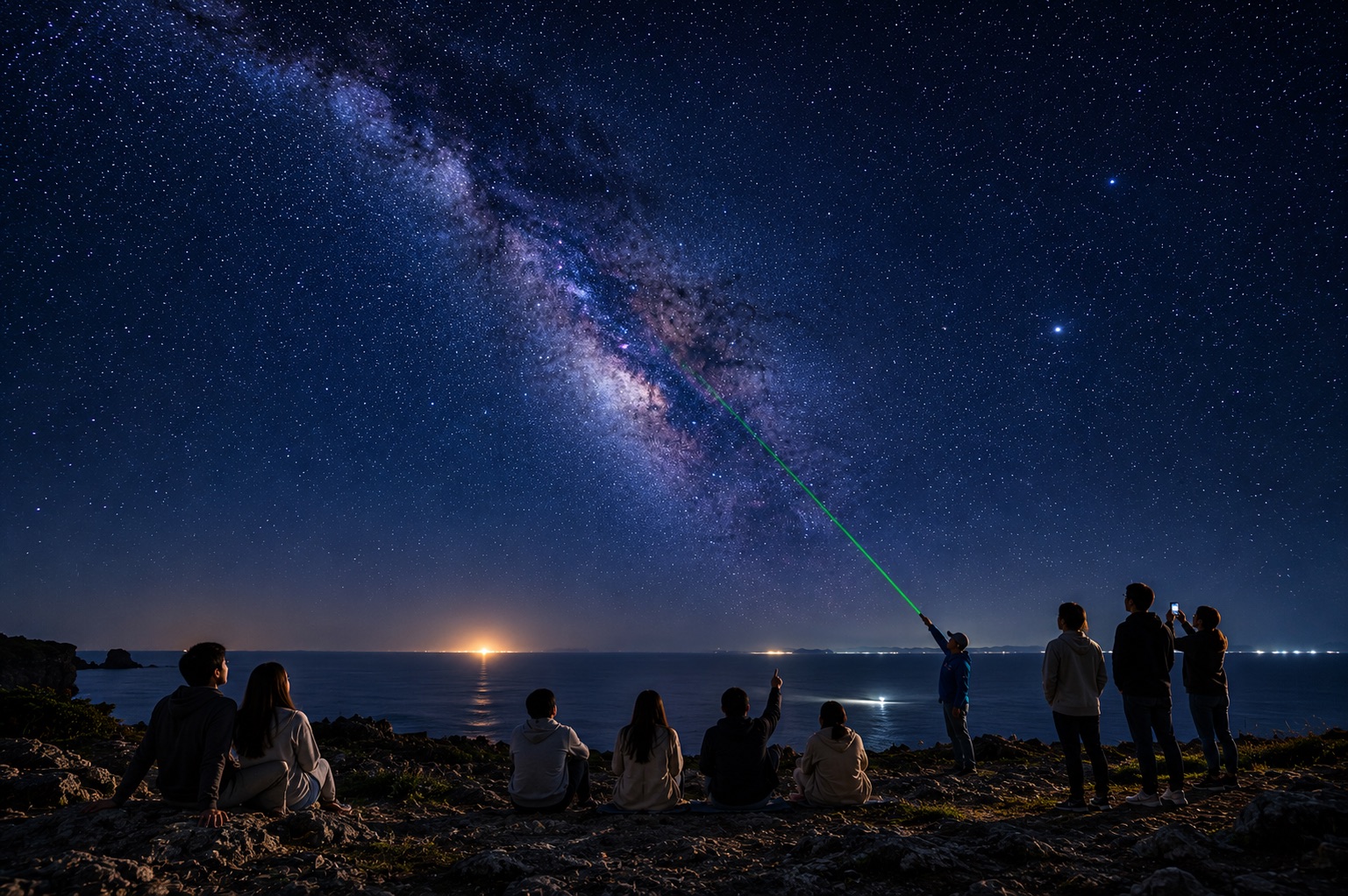 石垣島の星空ツアー「流れ星の丘」。海辺の丘で天の川を見上げる人々と、グリーンレーザーで星座を案内するガイド