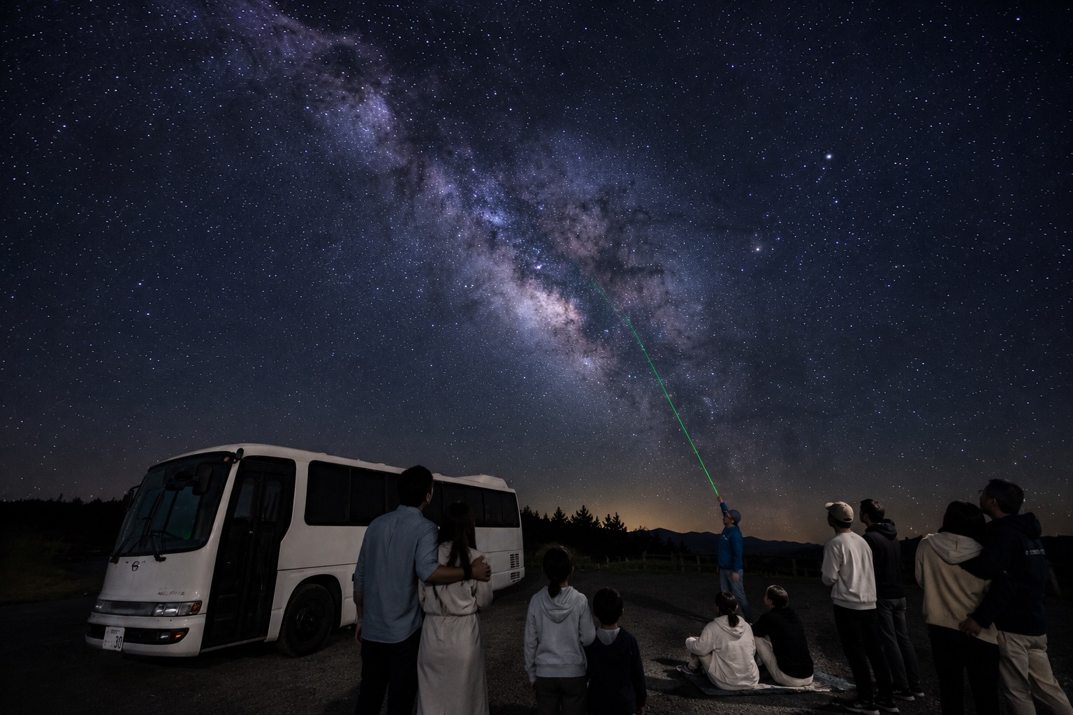 宮古島の星空ツアー。天の川の下でガイドがグリーンレーザーで星座を案内し、家族やグループが見上げる様子